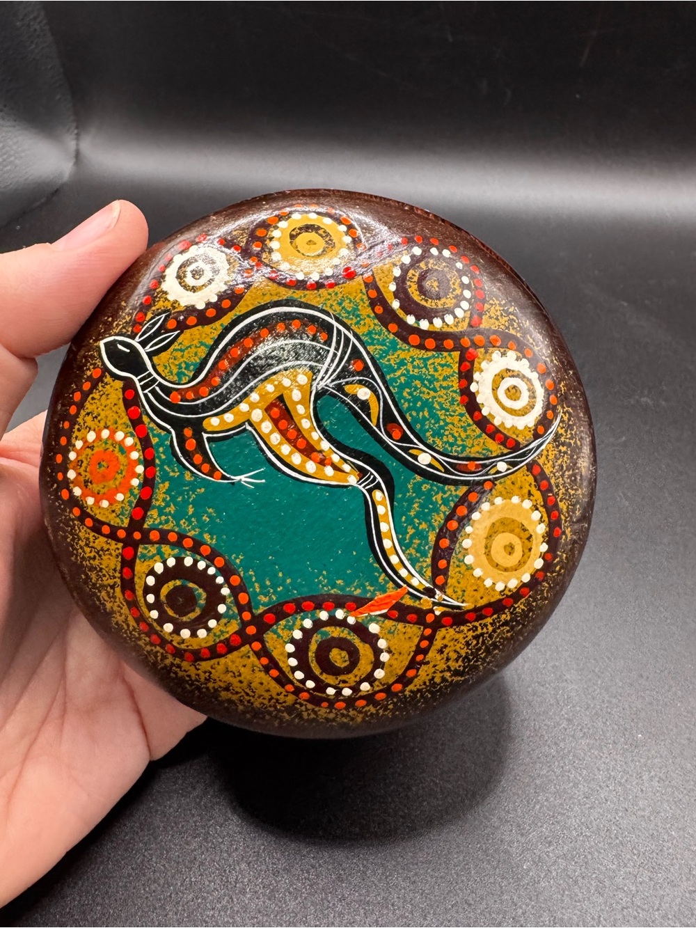 Hand-Painted Aboriginal Style Kangaroo wood trinket dish with lid